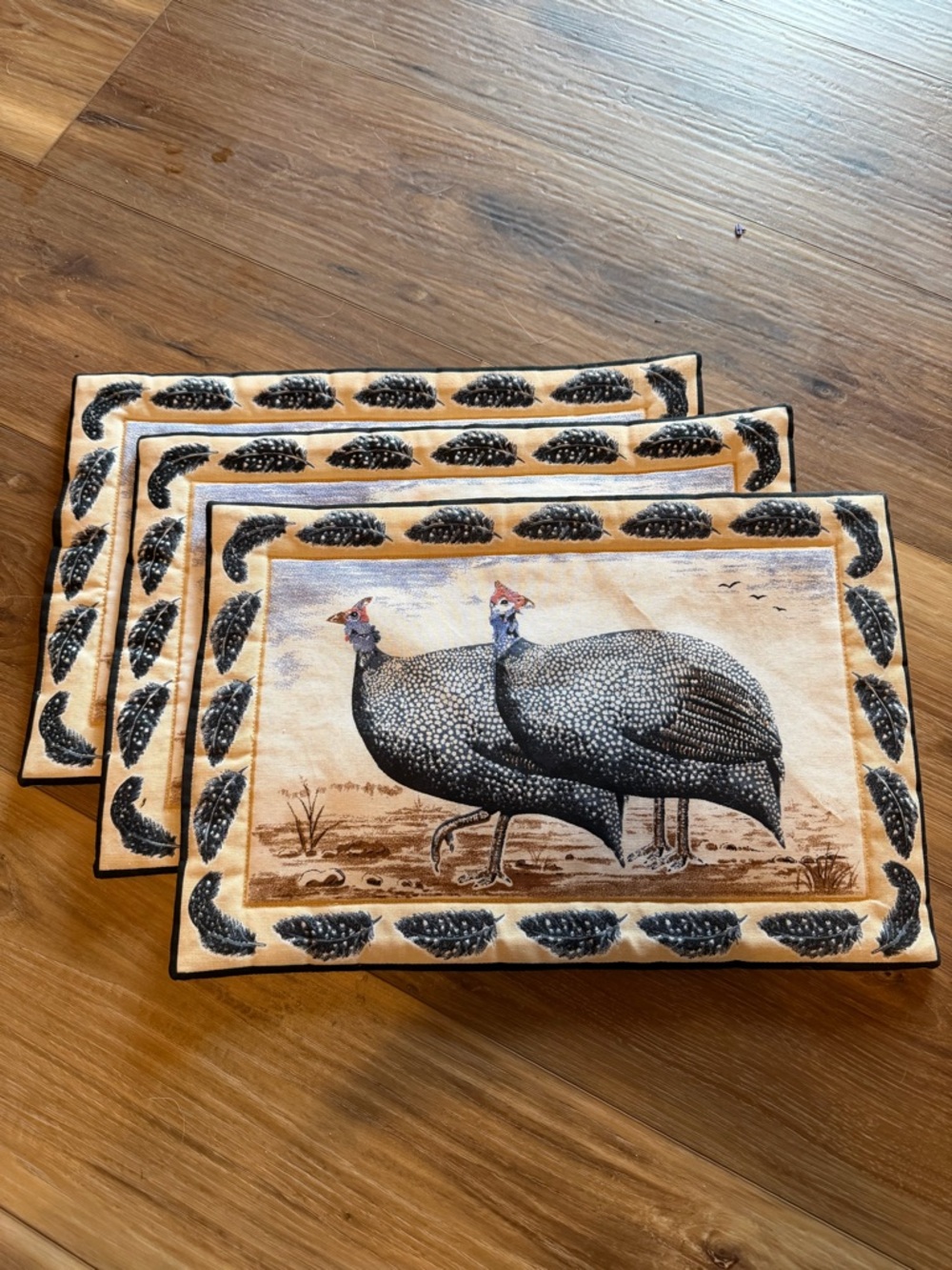Guinea Fowl Print Placemat Set (3) in Beige and Black